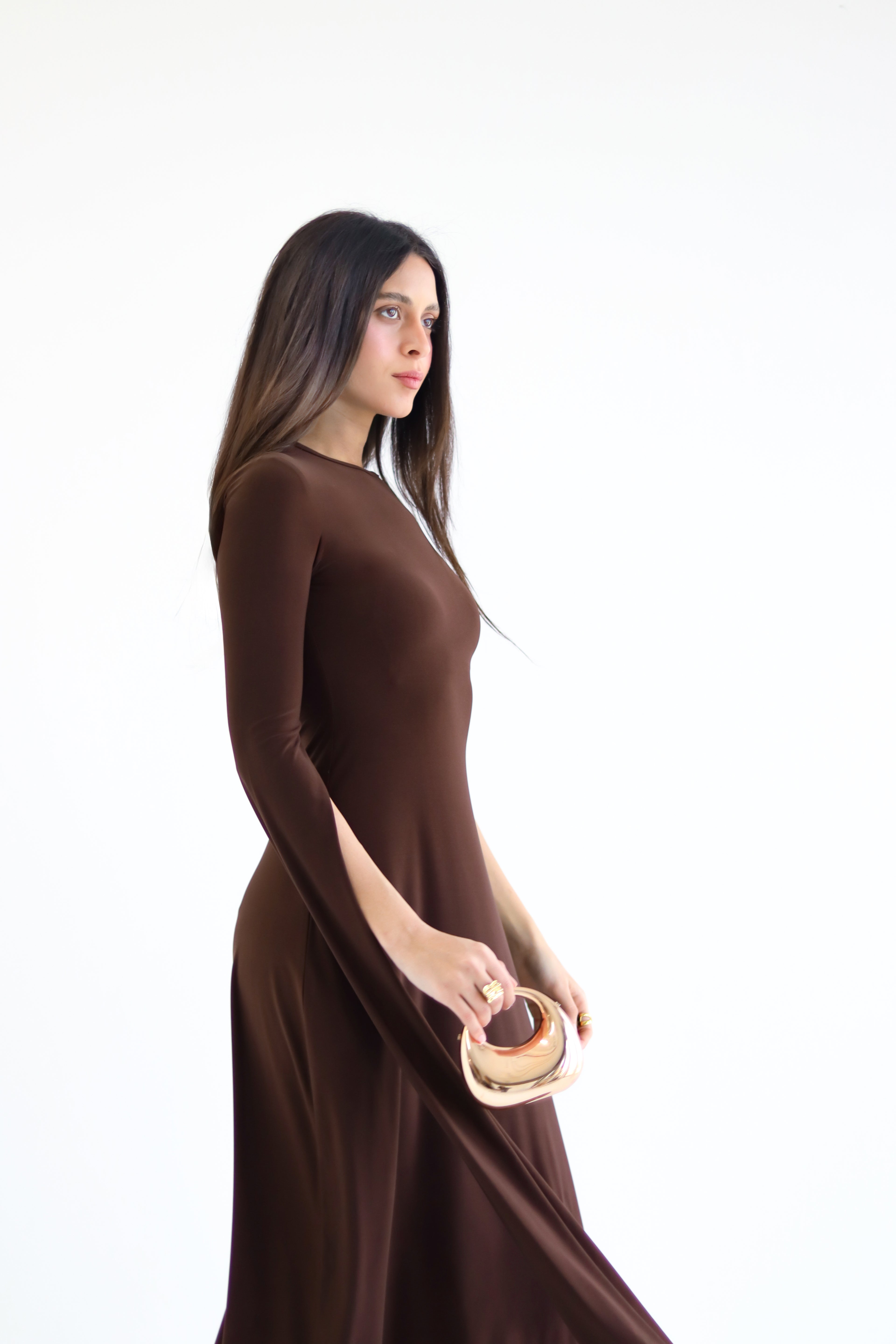 Sculpt Slit-Sleeve Maxi Dress - Brown