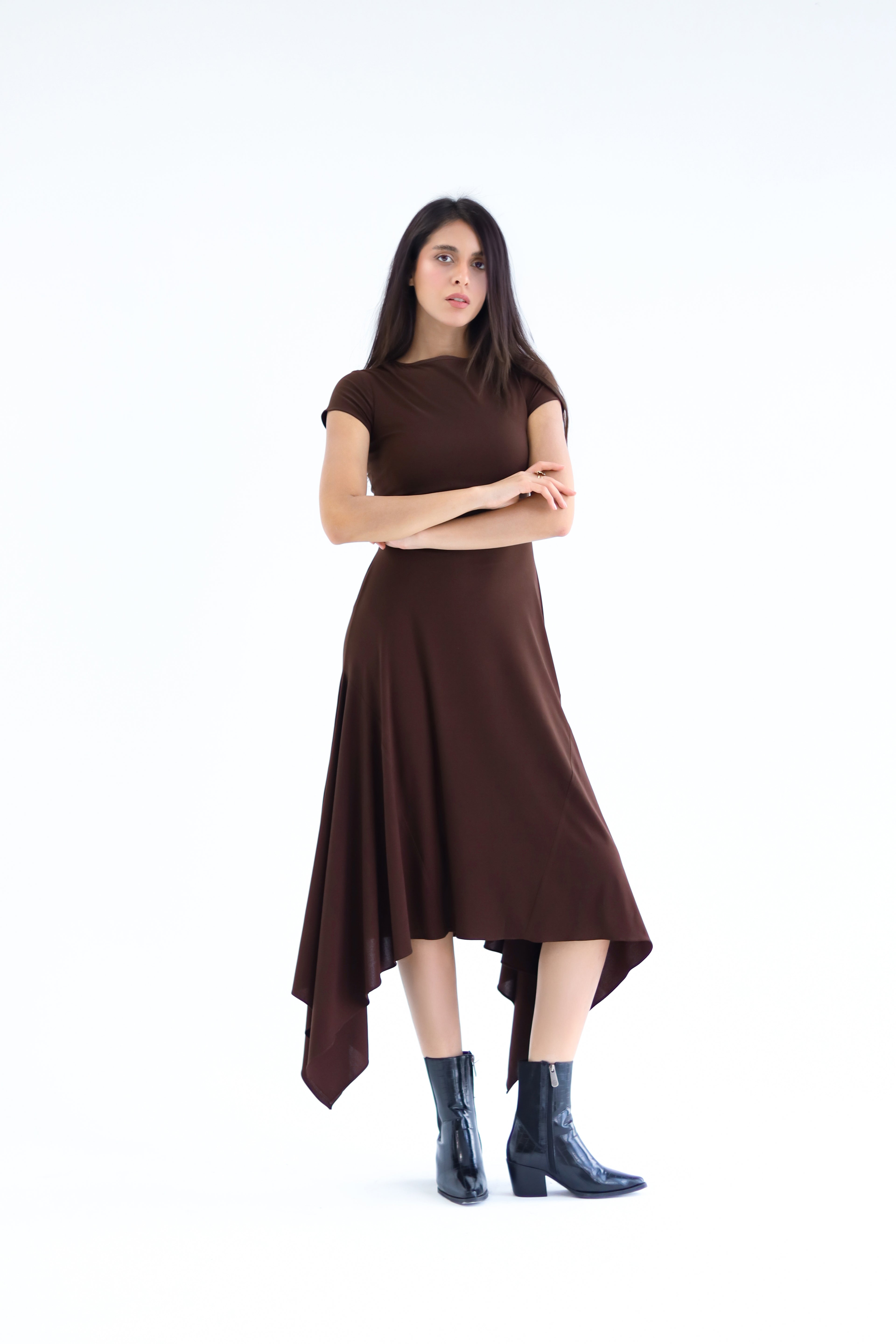 Sculpt Asymmetric Midi Dress - Brown